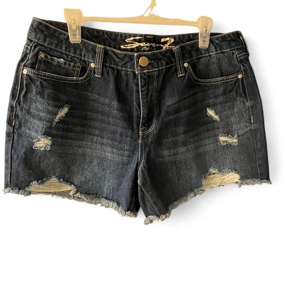 7 For All Mankind Pants - 7 For All Mankind Dark Jean Shorts with Distressed Details